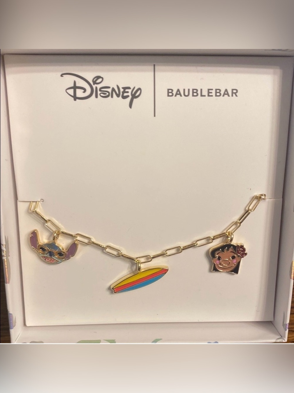 Disney BaubleBar Lilo And Stitch Surfboard Gold Charm Bracelet NIB Hawaii - Picture 5 of 5